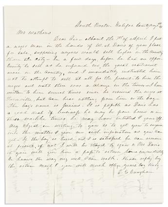 (SLAVERY & ABOLITION.) Letter tracking the sale of an enslaved man just as the Civil War broke out.